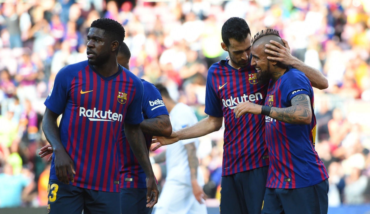 El Barcelona celebra un gol de Vidal El Barcelona celebra un gol de Vidal