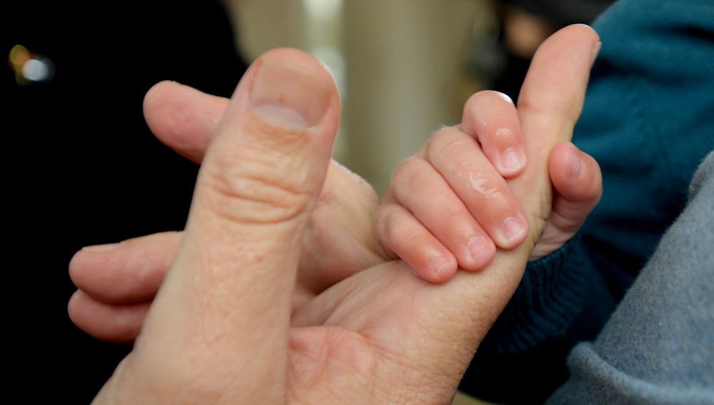 Las manos de un adulto y un bebé