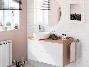 Baño en tonos rosa y blanco combinado con madera Baño en tonos rosa y blanco combinado con madera