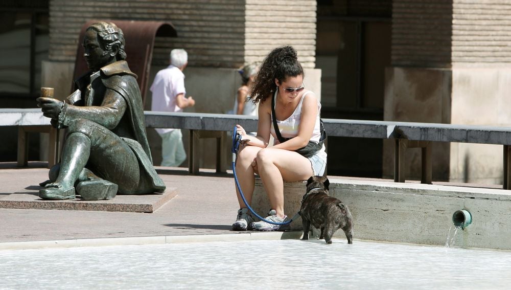 Una mujer refresca a su perro en la fuente de Goya e la Plaza de El Pilar