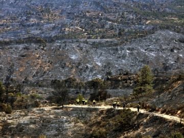 Bomberos en la zona afectada por el incendio de la Ribera d'Ebre