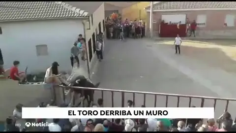 Cinco heridos tras chocar un toro contra un muro donde se encontraban subidos Cinco heridos tras chocar un toro contra un muro donde se encontraban subidos