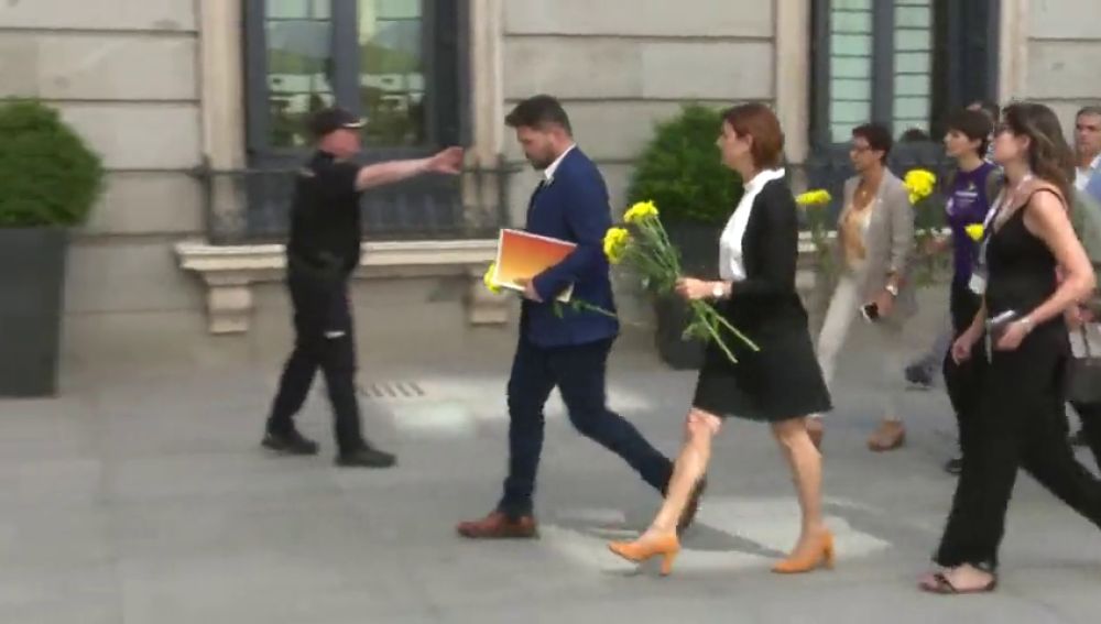 Los diputados de ERC entran al Congreso con flores amarillas