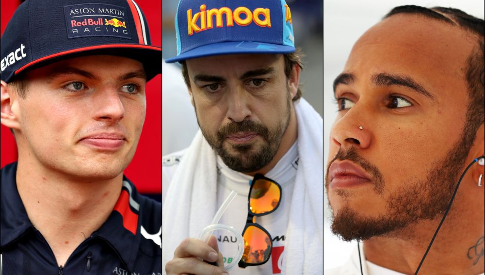 Max Verstappen, Fernando Alonso y Lewis Hamilton