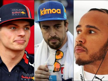 Max Verstappen, Fernando Alonso y Lewis Hamilton