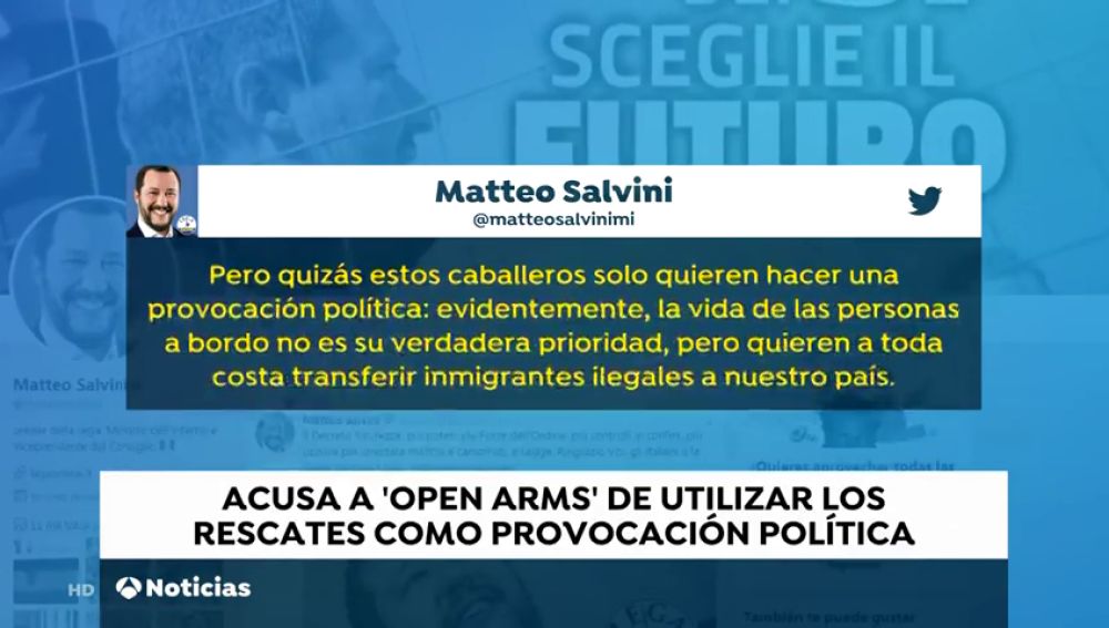 Salvini acusa al Open Arms de utilizar los rescates como una "provocación política"
