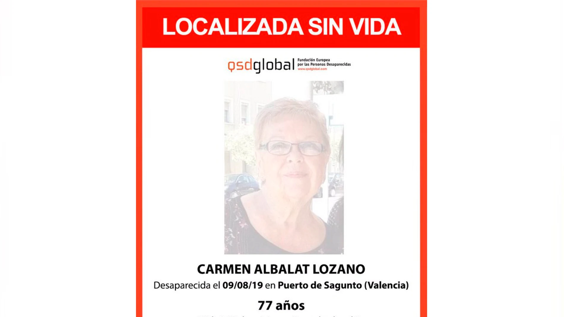 Localizan sin vida el cuerpo de Carmen Albalat Lozano Localizan sin vida el cuerpo de Carmen Albalat Lozano