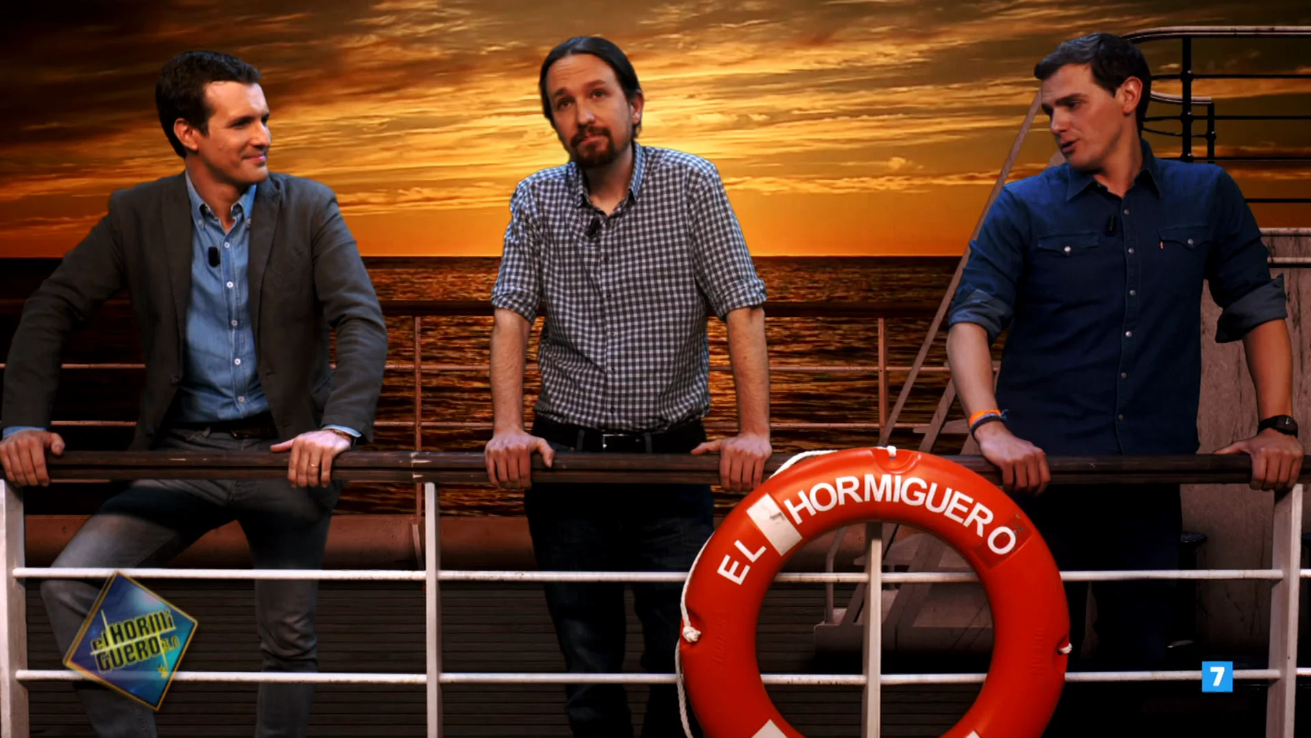 Pablo Casado, Pablo Iglesias y Albert Rivera, en el barco de la nueva temporada de 'El Hormiguero 3.0'