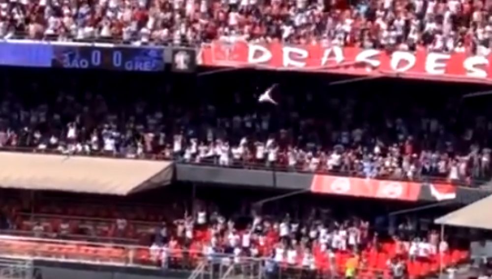 El aficionado cae desde la grada de un estadio