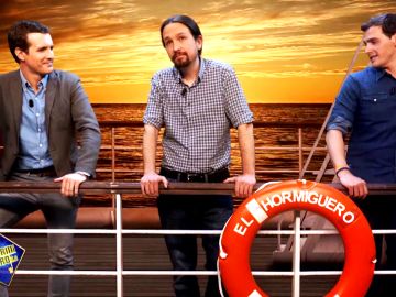 Pablo Casado, Pablo Iglesias y Albert Rivera, viejos amigos en el barco de 'El Hormiguero 3.0' 