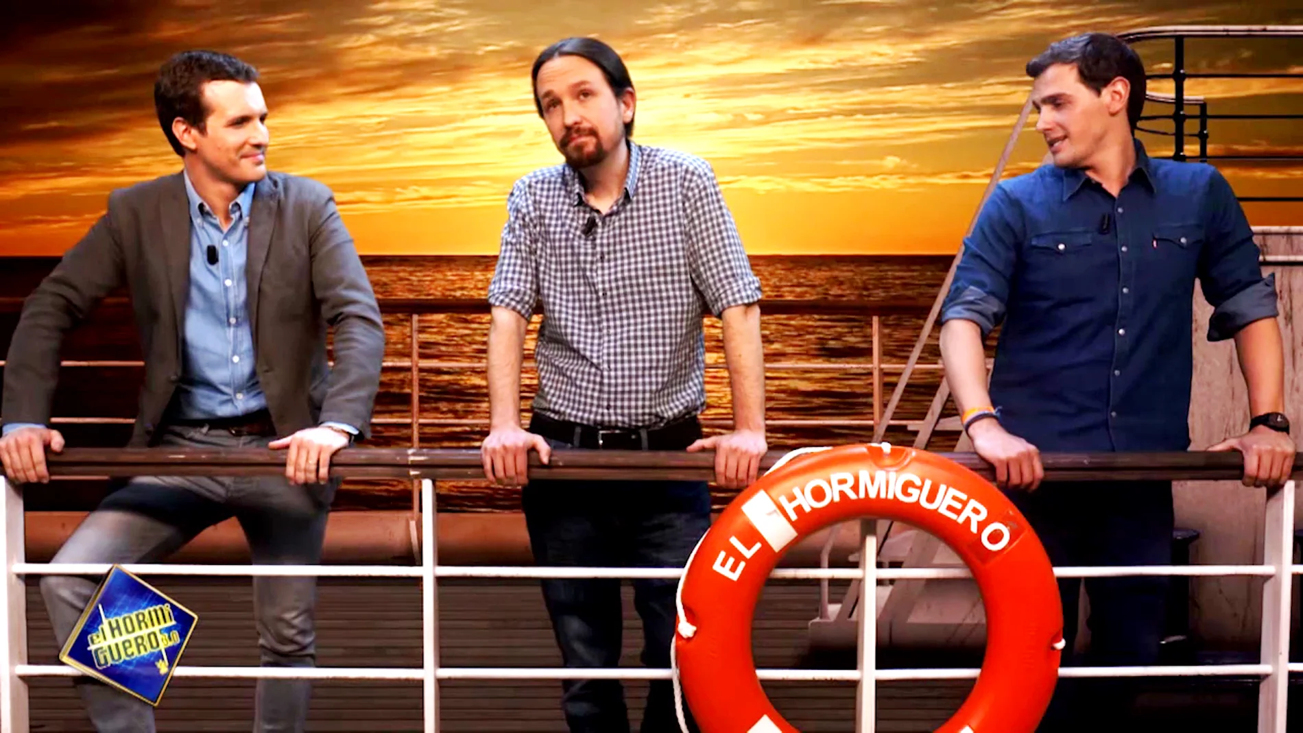 Pablo Casado, Pablo Iglesias y Albert Rivera, viejos amigos en el barco de 'El Hormiguero 3.0' 