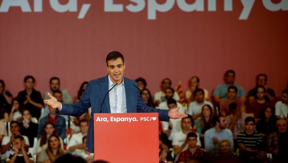 Pedro Sánchez habla durante un mitin del PSOE