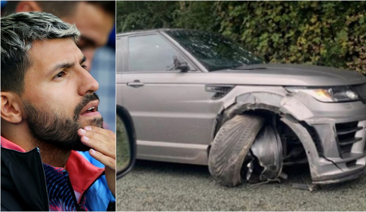 El Kun Agüero y una fotografía del aspecto de su coche tras el accidente en Manchester El Kun Agüero y una fotografía del aspecto de su coche tras el accidente en Manchester
