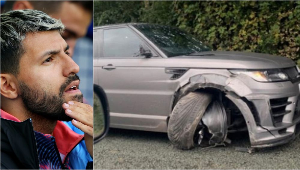 El Kun Agüero y una fotografía del aspecto de su coche tras el accidente en Manchester