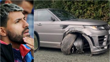 El Kun Agüero y una fotografía del aspecto de su coche tras el accidente en Manchester