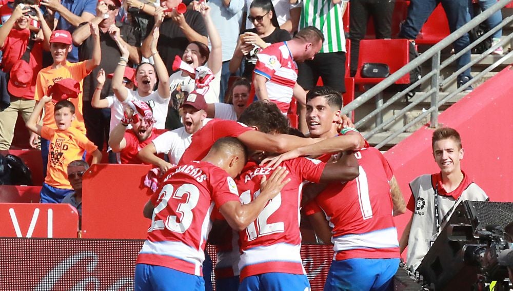 Los jugadores del Granada celebran el gol de Vadillo ante el Betis