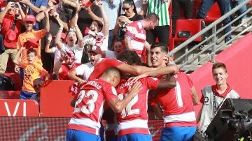 Los jugadores del Granada celebran el gol de Vadillo ante el Betis