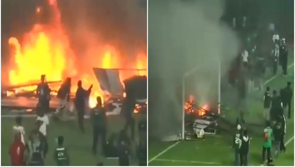 Hinchas destrozando el estadio tras la derrota del Persebaya, en Indonesia