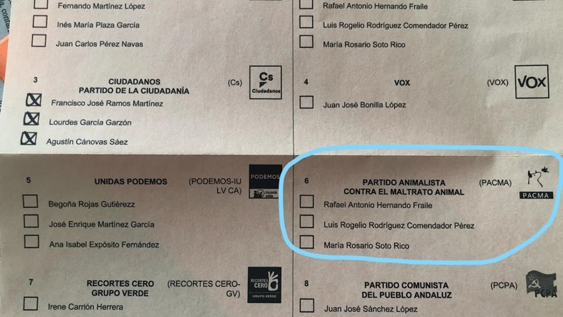 Error en una papeleta electoral en Almería Error en una papeleta electoral en Almería