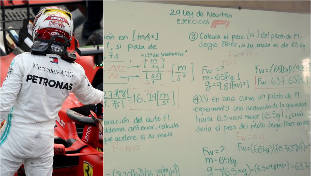 La pizarra de Paula García con los ejercicios de física basados en la F1
