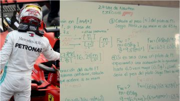 La pizarra de Paula García con los ejercicios de física basados en la F1