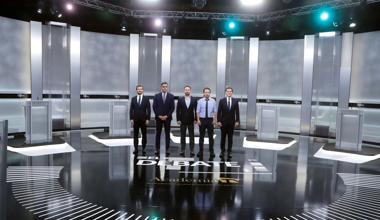 Los candidatos a la presidencia del Gobierno Pablo Casado, Pedro Sánchez, Santiago Abascal, Pablo Iglesias y Albert Rivera