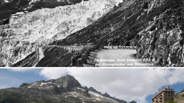  Glaciar Rhone en 1938 (arriba) y en 2019 (abajo)