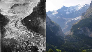 Glaciar Lower Grindelwald en 1865 (izquierda) y 2019 (derecha)