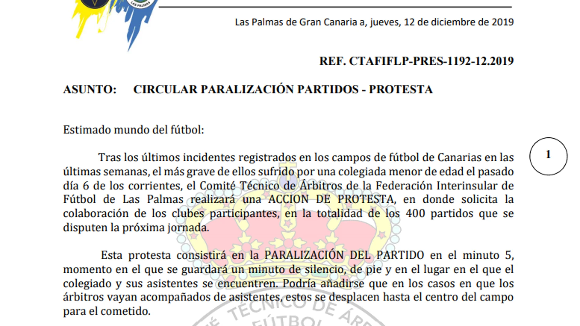 Comunicado oficial del Comité Técnico de Árbitros de Las Palmas Comunicado oficial del Comité Técnico de Árbitros de Las Palmas