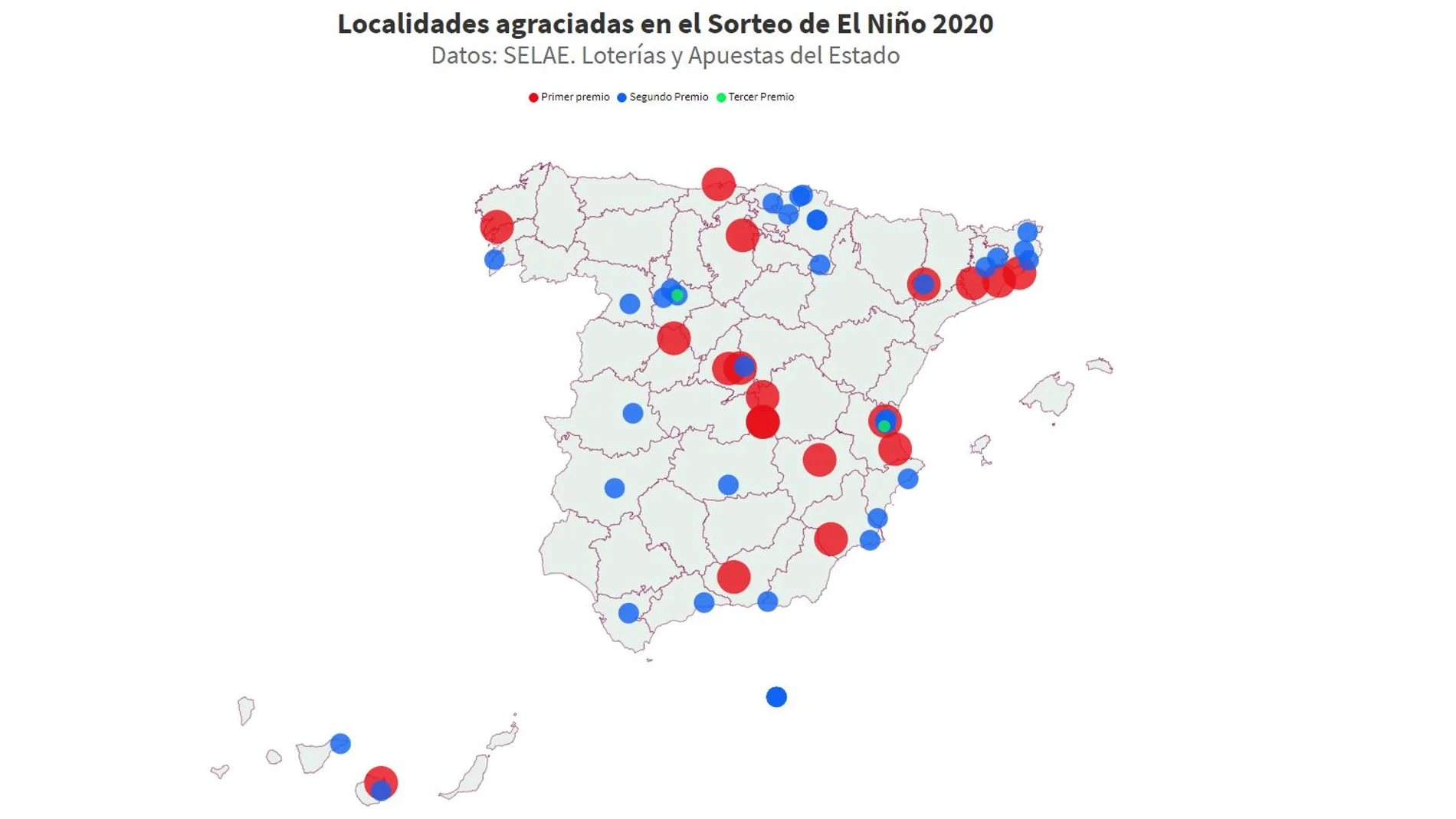 Mapa de las localidades premiadas en el Sorteo del Niño Mapa de las localidades premiadas en el Sorteo del Niño