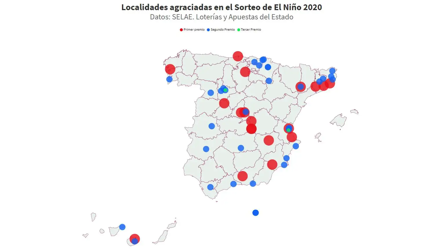 Mapa de las localidades premiadas en el Sorteo del Niño Las localidades premiadas en el Sorteo del Niño