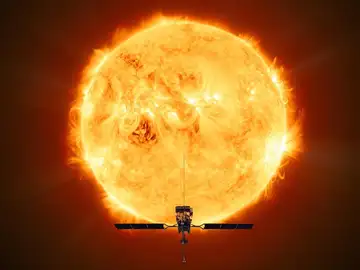 Representación de la 'Solar Orbiter' frente al Sol Representación de la 'Solar Orbiter' frente al Sol