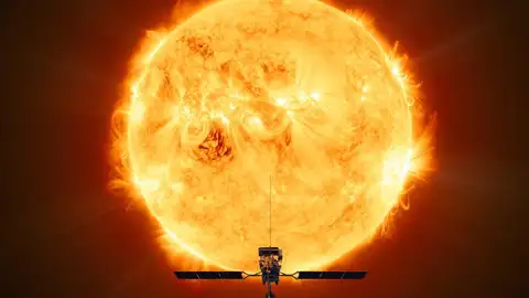 Representación de la 'Solar Orbiter' frente al Sol Representación de la 'Solar Orbiter' frente al Sol