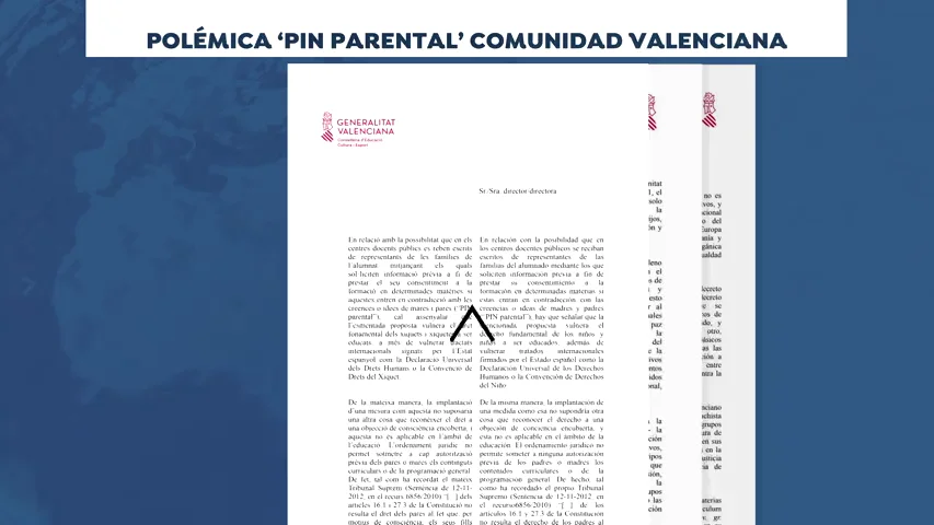 El Gobierno valenciano envía una carta a los centros escolares públicos en contra del pin parental El Gobierno valenciano envía una carta a los centros escolares públicos en contra del pin parental