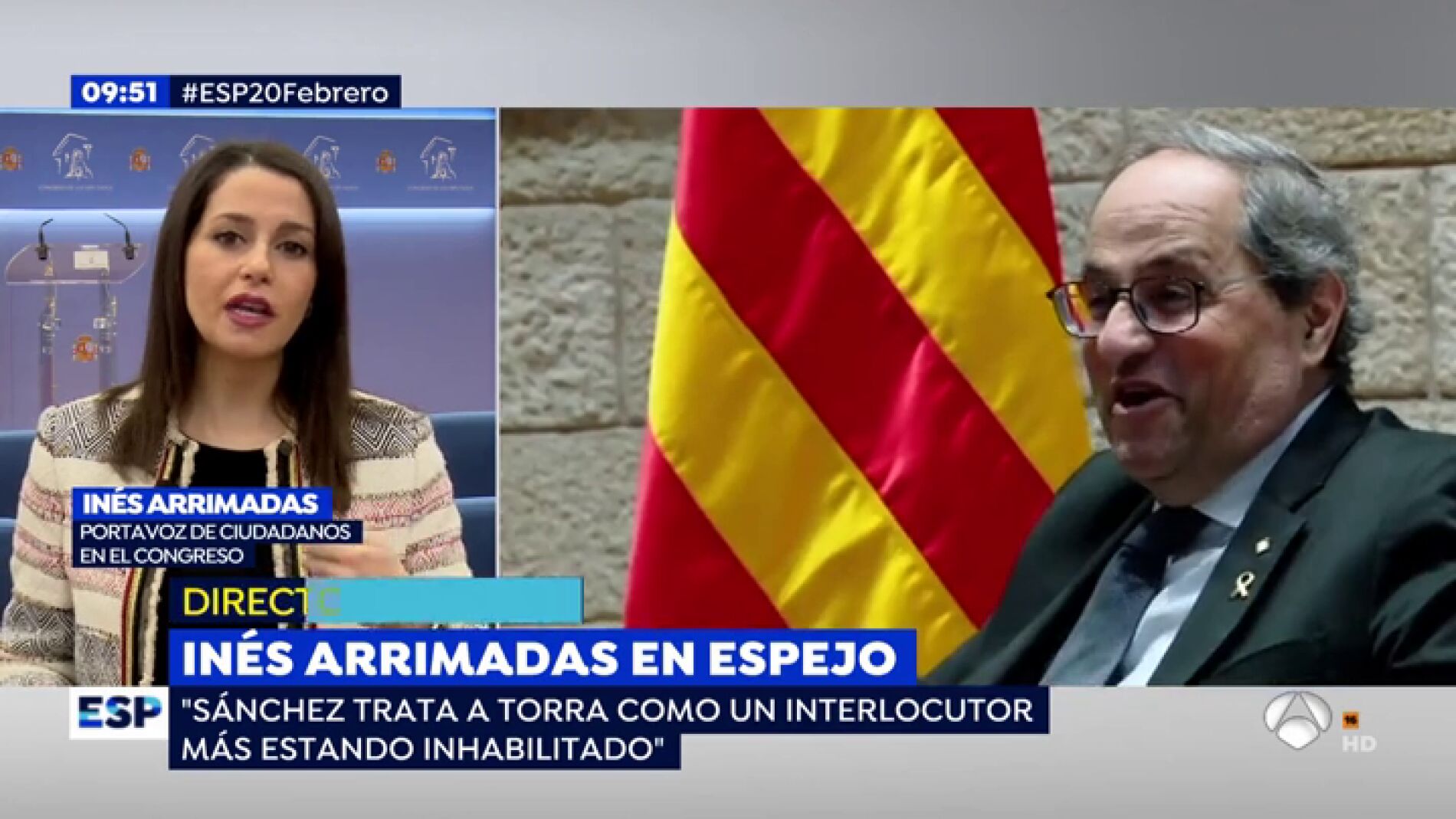 In&eacute;s Arrimadas, sobre el rechazo de Torra a reunirse el 24 de febrero: "S&aacute;nchez est&aacute; arrodillado a Torra, es indignante y una humillaci&oacute;n"
