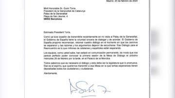 Carta de Pedro Sánchez a Quim Torra