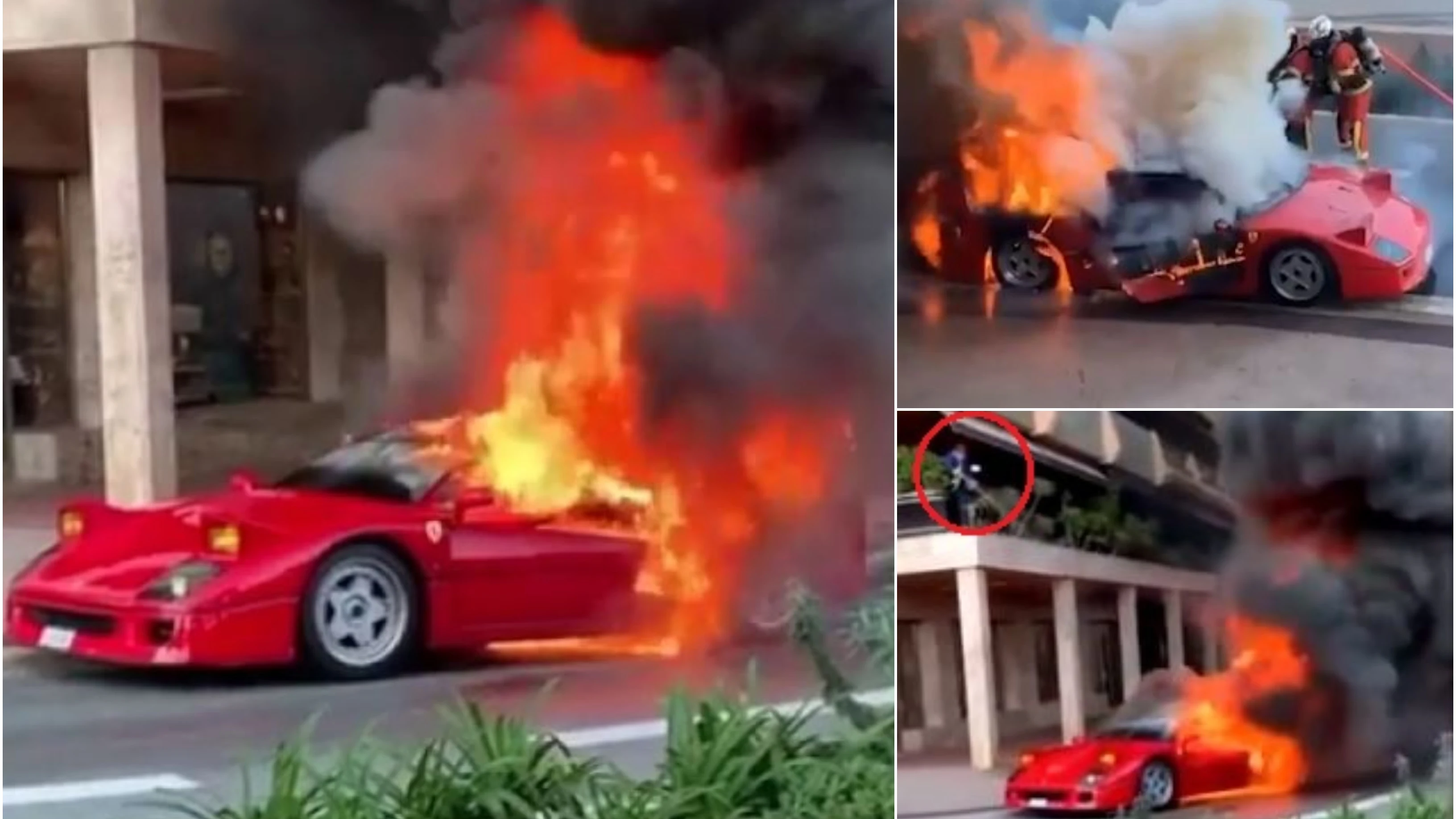 Un Ferrari F40 ardiendo en plena calle de Montecarlo Un Ferrari F40 ardiendo en plena calle de Montecarlo