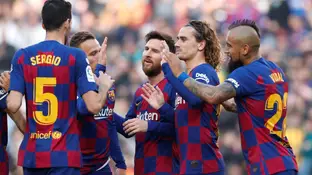 Los jugadores del Barça celebran un gol de Messi Los jugadores del Barça celebran un gol de Messi