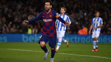 Messi celebra su gol de penalti ante la Real Sociedad
