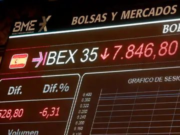 Una pantalla la caída del IBEX 35 en la Bolsa tras la apertura de la sesión Una pantalla la caída del IBEX 35 en la Bolsa tras la apertura de la sesión