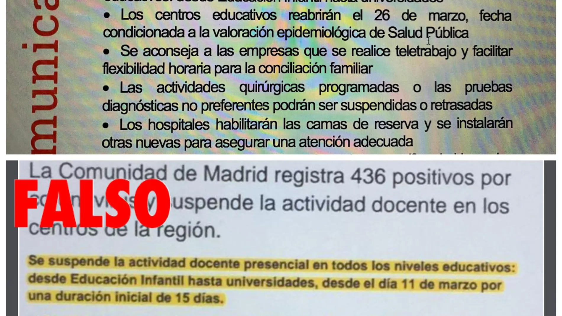 El bulo de que se recuperarán las clases canceladas por el coronavirus en julio o los sábados en los centros educativos de la comunidad de Madrid El bulo de que se recuperarán las clases canceladas por el coronavirus en julio o los sábados en los centros educativos de la comunidad de Madrid