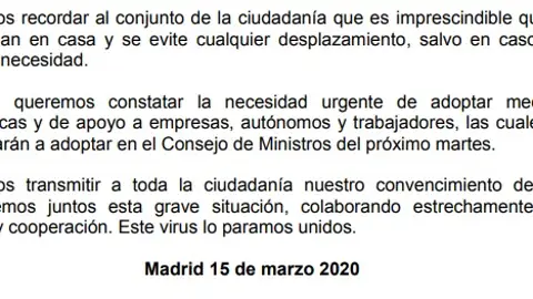 Comunicado de los presidentes autonómicos sobre las medidas contra el coronavirus Comunicado de los presidentes autonómicos sobre las medidas contra el coronavirus