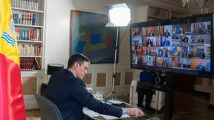 Pedro Sánchez, durante la videoconferencia con los presidentes autonómicos Pedro Sánchez, durante la videoconferencia con los presidentes autonómicos