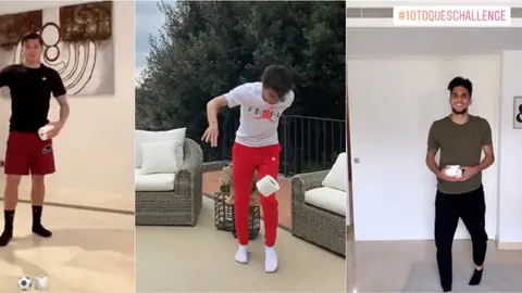Brahim, Riqui Puig y Bartra, en el reto #10toqueschallengue Brahim, Riqui Puig y Bartra, en el reto #10toqueschallengue