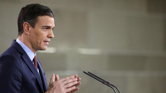 Pedro S&aacute;nchez, durante su comparecencia en la Moncloa