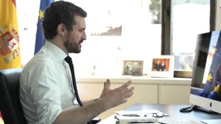 Pablo Casado en una reuni&oacute;n telem&aacute;tica