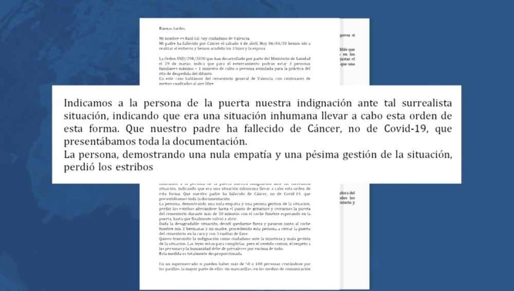 La queja del hijo de un fallecido en Valencia por las normas en los entierros: "Me cerraron la puerta del cementerio en la cara"