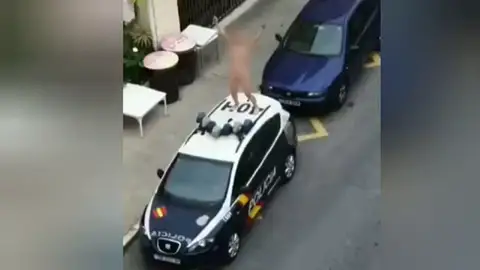 Una mujer se desnuda y sube al techo de un coche de la policía tras saltarse el confinamiento por el coronavirus Una mujer se desnuda y sube al techo de un coche de la policía tras saltarse el confinamiento por el coronavirus