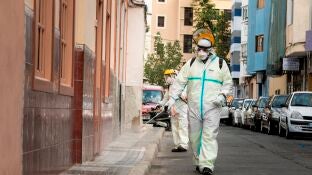 Operarios del Ayuntamiento de Las Palmas de Gran Canaria realizan labores de desinfecci&oacute;n de la v&iacute;a p&uacute;blica