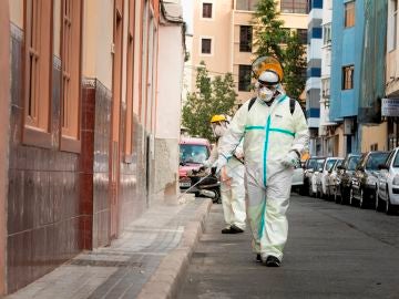Operarios del Ayuntamiento de Las Palmas de Gran Canaria realizan labores de desinfección de la vía pública